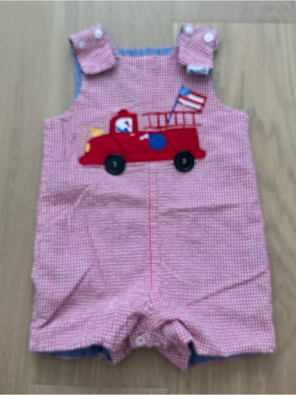 Searsucker Reversible 2T Baby Onesie Boat Firetruck Gingham Summer Lake Beach - Picture 3 of 7